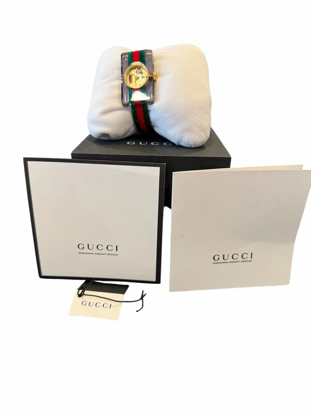 Gucci Skeleton Clear Rectangular Watch with Red and Green Stripe Strap - Picture 6 of 11